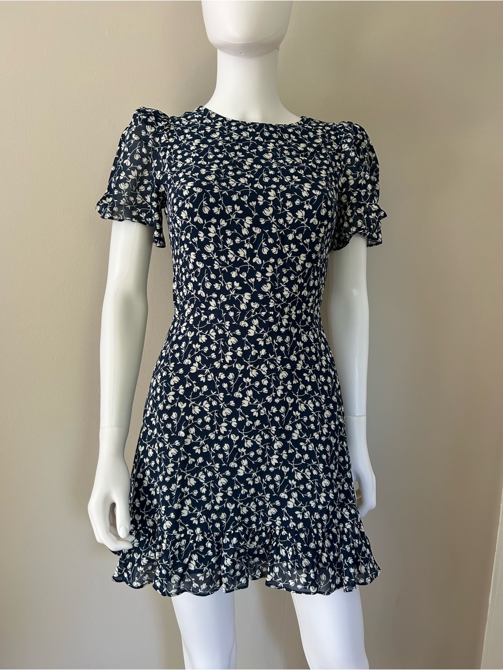 Reformation Navy Blue Floral Mini Dress Size 0 Puff Sleeve RuffleHem 100%Viscose